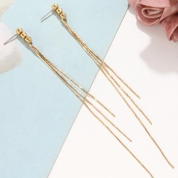 Rhinestone Tassel Earrings Golden - Picture 3 of 6